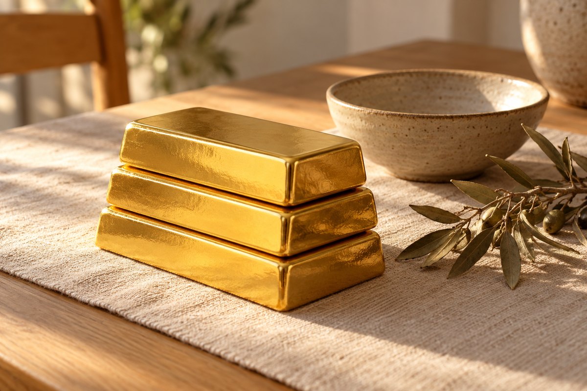 GLD 금 ETF 안정투자를 떠올리게 하는, 밝은 나무 탁자 위 각인 없는 매끈한 금괴 세 개와 도자기 그릇, 마른 올리브 가지
