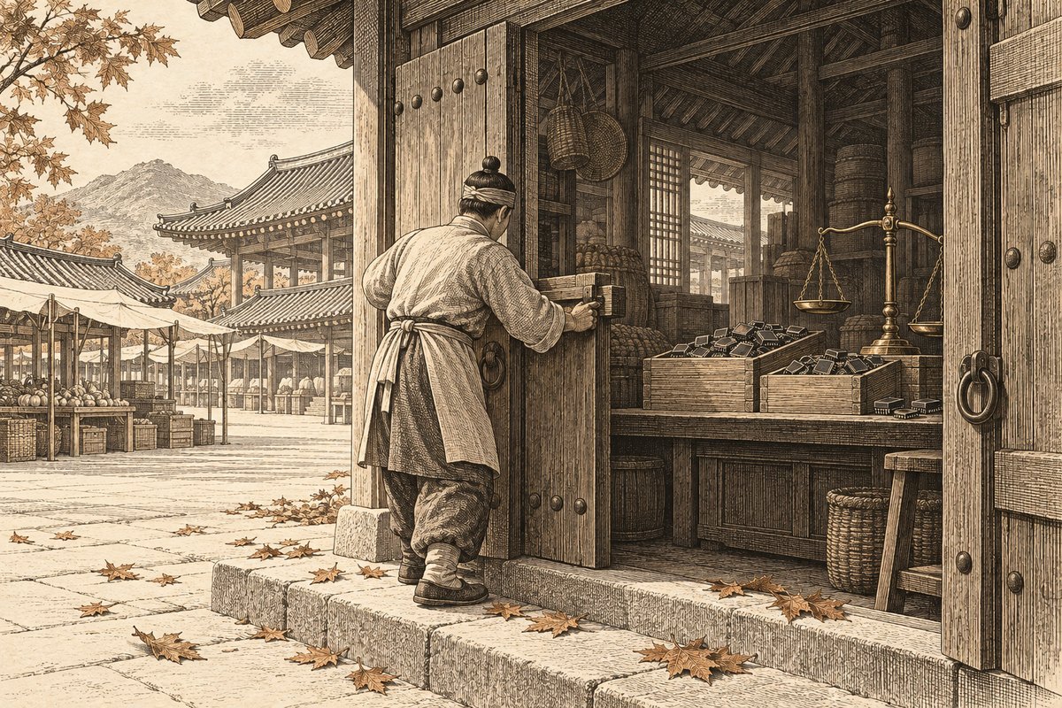 사흘간 닫혀 있던 시장 문을 아침에 다시 여는 상인 곁에 반도체 상자와 저울이 놓인 모습으로 10월 9일 미국장 마감 뒤 12일 국내 개장을 표현한 오주오 판화
